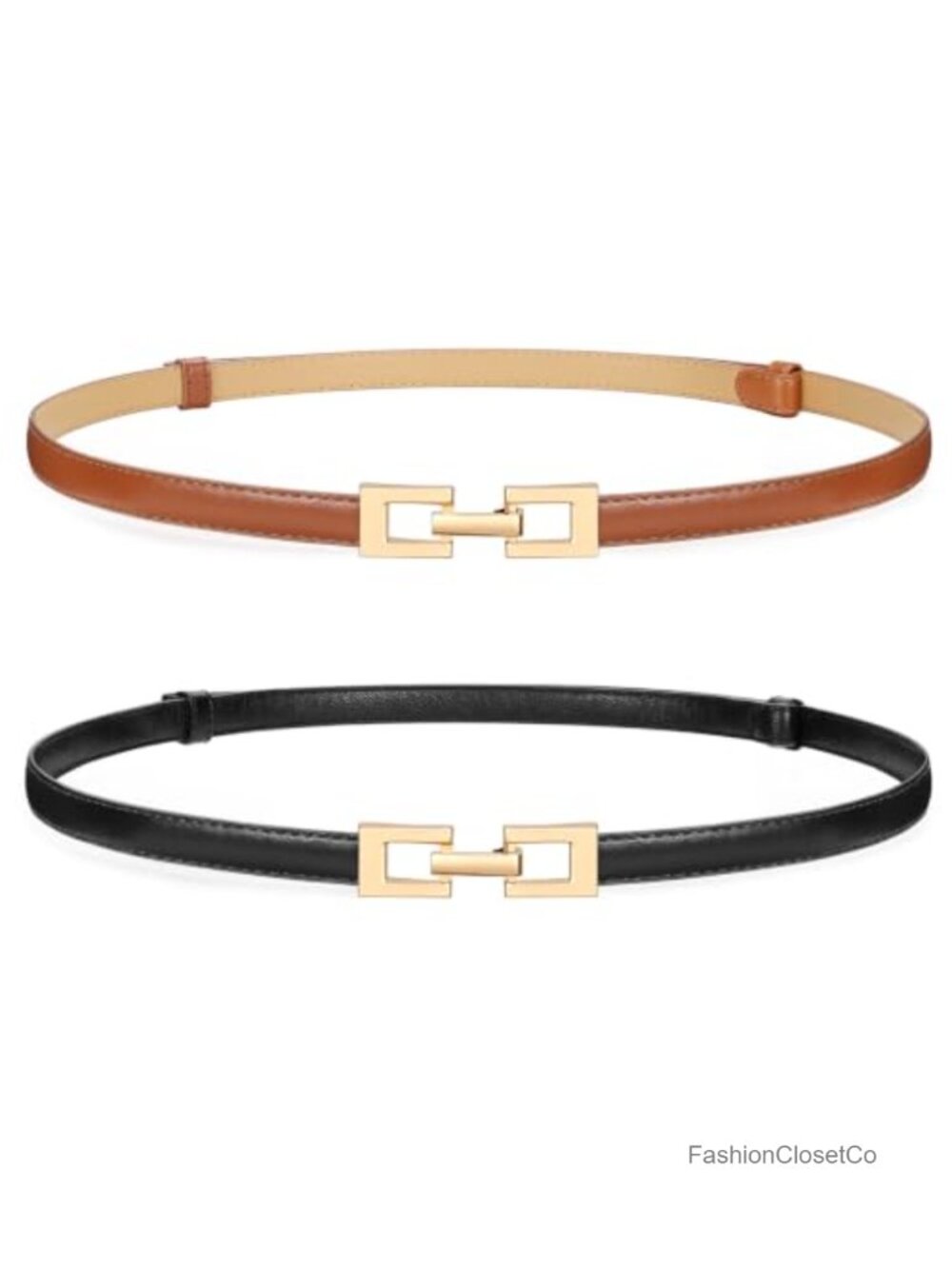 2 Pack Skinny Belt PU Leather Thin Waist Belts with Gold Buckle